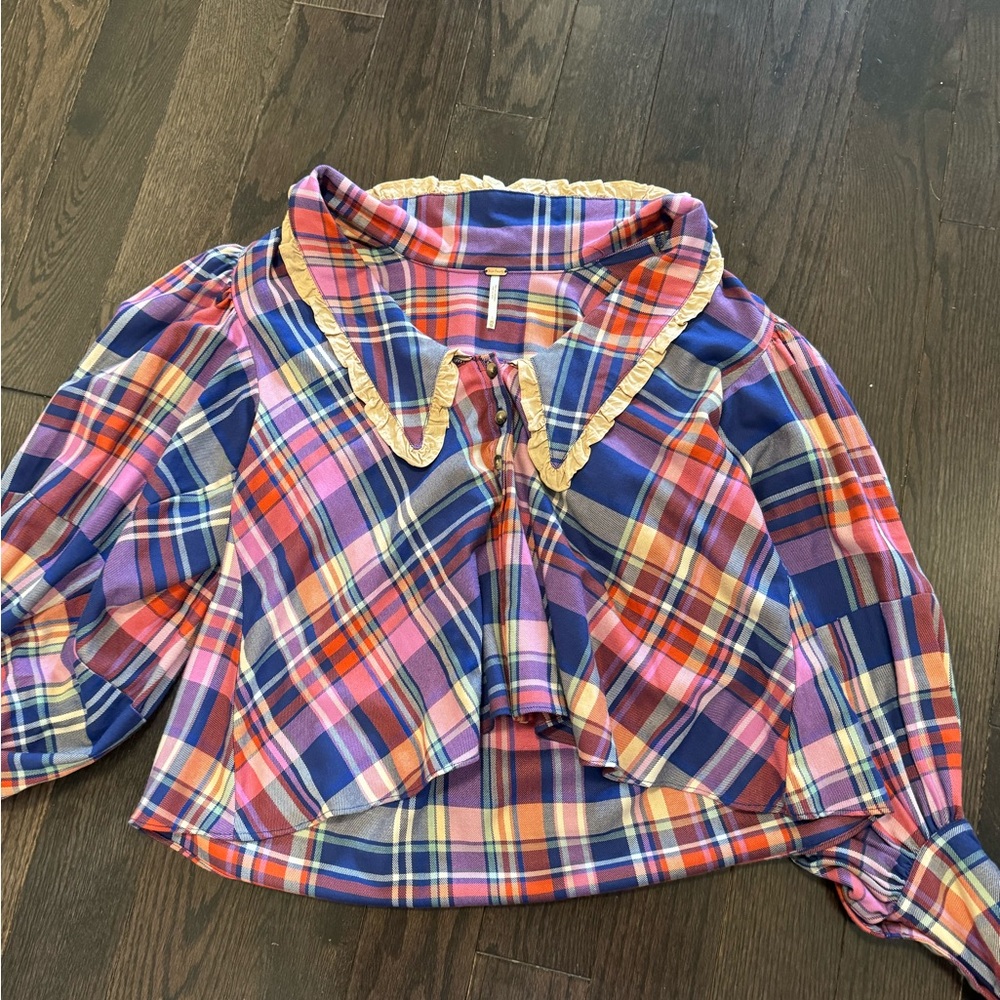 Free people Plaid Blouse with Ruffle Collar